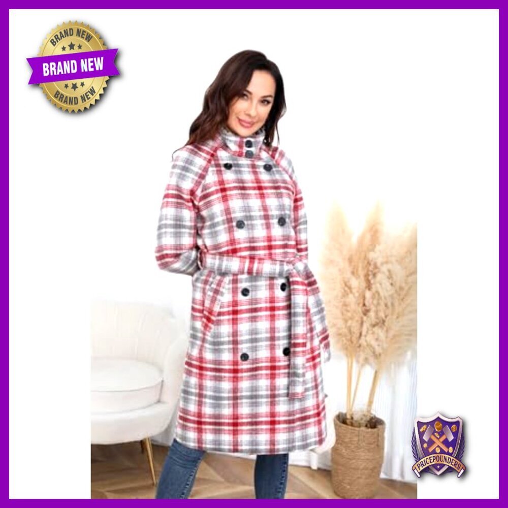 Long Wool Plaid Pea Coat Double Breast Trench Overcoat with Belt Elegant - Picture 3 of 7